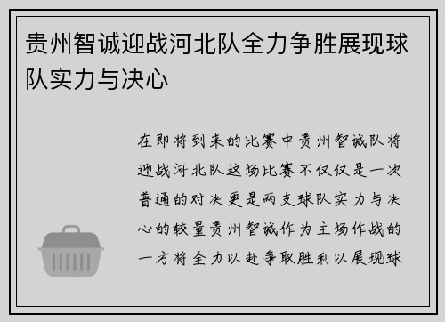 贵州智诚迎战河北队全力争胜展现球队实力与决心